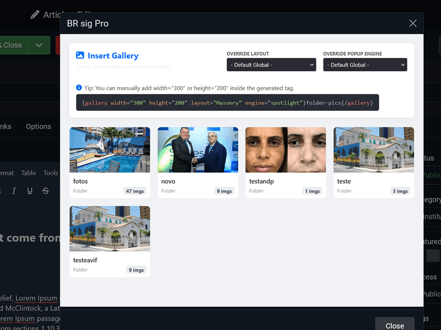 Joomla gallery extension configuration screen